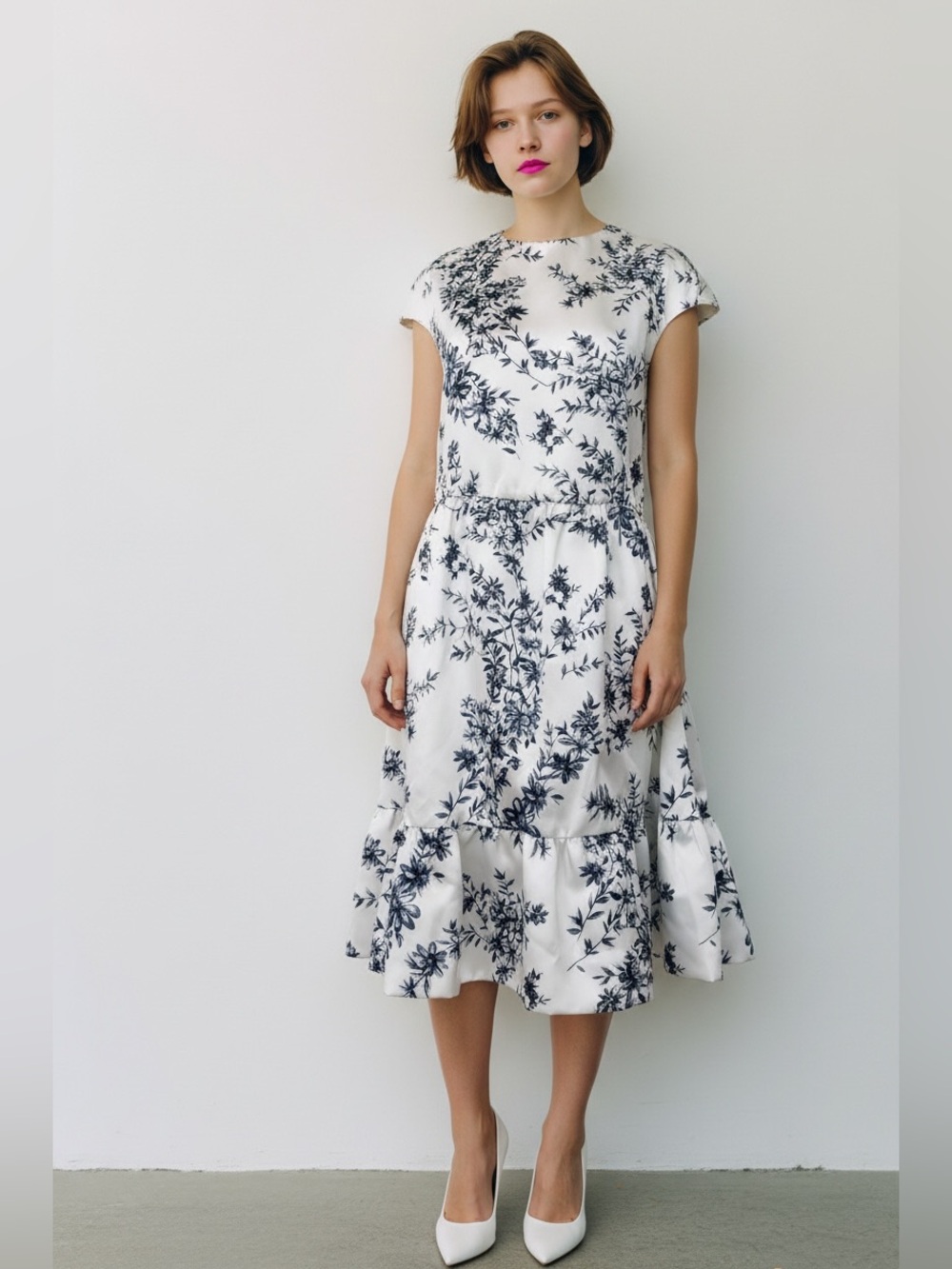 Fendi White Midi Dress with Navy Floral Print